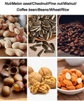 Various nuts and coffee beans displayed for showcasing the Heavy Lifter Electric Coffee Bean And Nut Roaster With Stainless Steel Heating Tube Adjustable Temperature And Three Sixty Degree Even Baking For Peanuts Fast Heat No Sweat Operation.