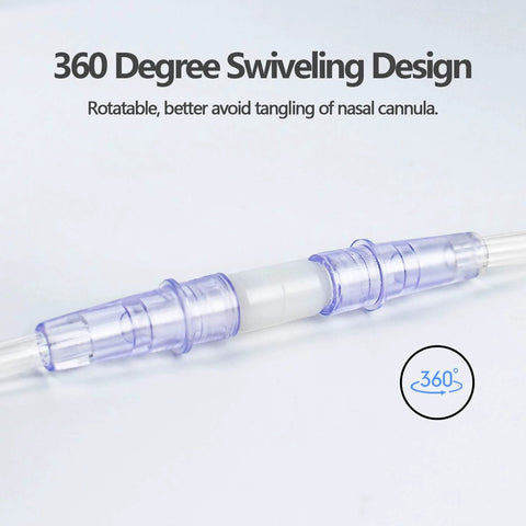 Close-up of five-pack purple translucent oxygen tubing swivel connectors for nasal cannula, 360-degree swivel design