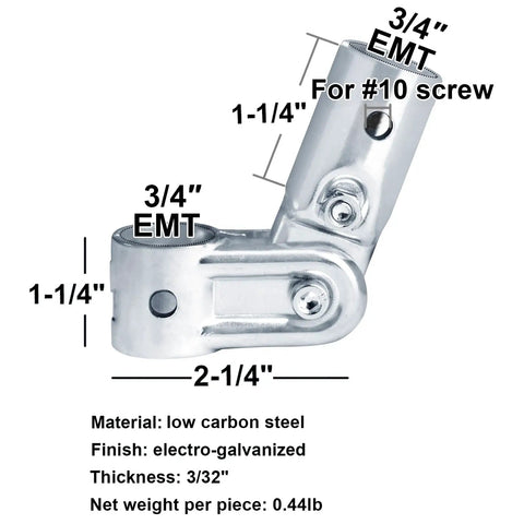 Ten Pack Beefed Up Adjustable Angle Pipe Clamp Connectors For 3/4 Inch EMT Conduit with dimensions marked, galvanized steel construction.