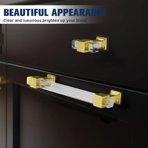 10 Pack 3 Inch Center To Center Cabinet Handles With Clear Acrylic Square Tube And Gold Finish Zinc Alloy Base