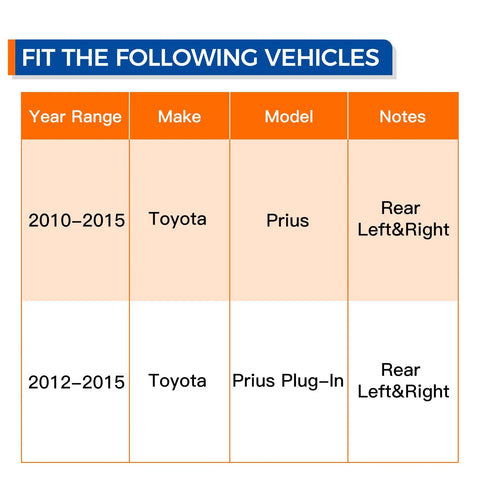 Fitment chart for Rear Wheel Bearing And Hub Assembly 512505 For Toyota Prius 2010-2015 and Prius Plug-In 2012-2015