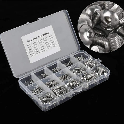 250 Piece M2 To M10 Machine Screws Set Pro Grade Stainless Steel Hex Socket Bolts in storage case for electronics repair