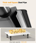 Close-up of thick-wall square steel pipe furniture leg showcasing strength detail and weight capacity of 1200 lbs for adjustable metal furniture.