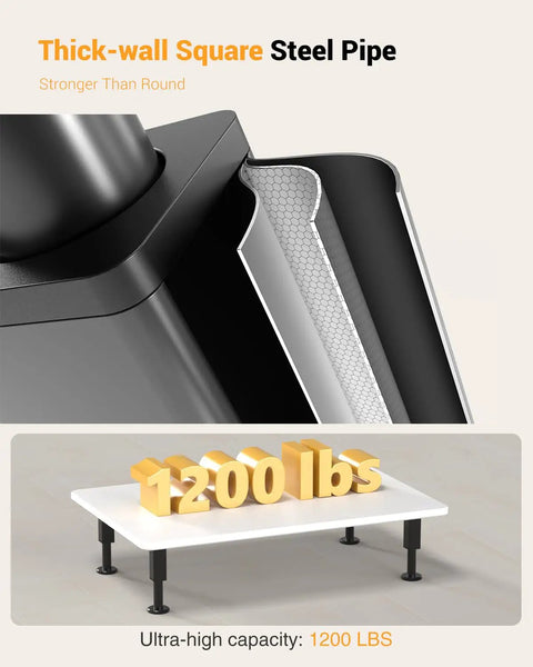 Close-up of thick-wall square steel pipe furniture leg showcasing strength detail and weight capacity of 1200 lbs for adjustable metal furniture.