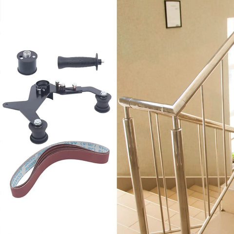 Premium Belt Sander Attachment For Angle Grinders Featuring Portable Pipe Polisher Grip Handle showing tools and sanding belts for pipe finishing.