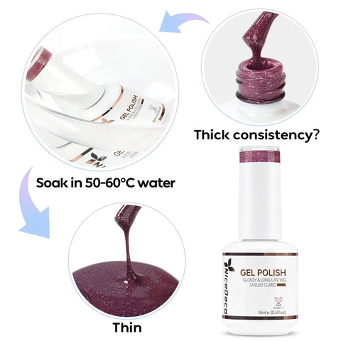 Color Changing Gel Nail Polish Set 6 Pcs showing gel in thick and thin consistencies with nail polish bottle