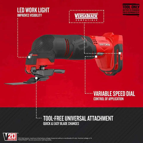 Oscillating tool from V20 7 Tool Cordless Power Tool Kit with 2 Batteries and Charger for Home DIY Projects, featuring LED work light