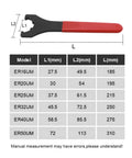 Heavy Duty ER Spanner Wrench For Collet Chuck Holder Spindle Nut Fits ER16 To ER50 dimensions chart with measurements.