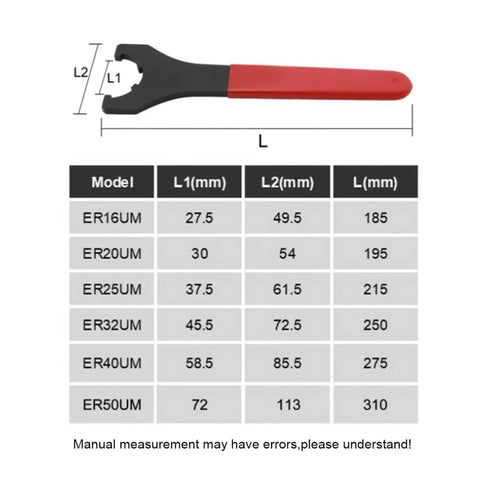 Heavy Duty ER Spanner Wrench For Collet Chuck Holder Spindle Nut Fits ER16 To ER50 dimensions chart with measurements.