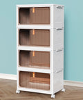 Four Piece Heavy Duty Plastic Storage Bins With Snug Lids Delivering Twenty Three Quarts Per Container Plus Totally Stackable Setup, stacked and wheeled.