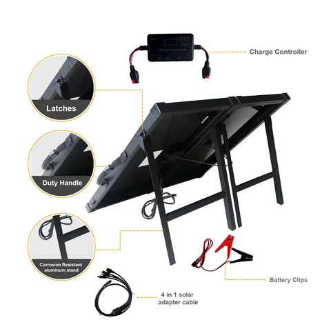100W Portable Foldable Solar Panel Suitcase With 10A 12V MPPT Controller, showing stand, cables, and battery clips