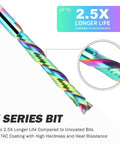 X-Series TAC-coated compression router bit, 1/4in shank, rainbow-coated solid carbide spiral for wood milling.