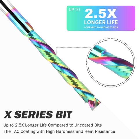 X-Series TAC-coated compression router bit, 1/4in shank, rainbow-coated solid carbide spiral for wood milling.