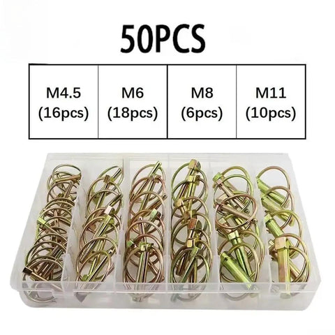 Heavy Duty Spring Steel Annular Ring Pins 50 Piece Assortment Kit For Trailers Trucks Automotive Agricultural And Industrial Equipment Rust Resistant Galvanized Steel Durable Fastening System Built Tough, 50pcs kit with M4.5 M6 M8 M11 sizes