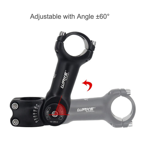 Rugged Alloy Bike Stem With 0 To 60 Degree Adjustable Angle Fits 25.4 And 31.8 Clamps, 6061 T6 Aluminum, shown adjusting angles.