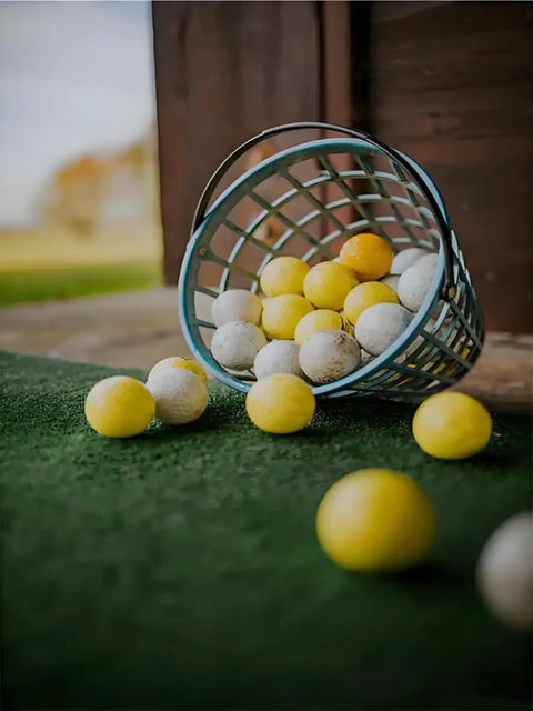 Golf Ball Basket With Handle Green Ball Bucket Holds Up To 25 Balls For Practice And Training on grass surface.