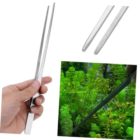 Stainless Steel Aquarium Plant Tweezers Set 2 Pack With Straight And Curved Tips For Easy Fish Tank Planting Durable Rust Resistant Tools For Aquascaping And Aquarium Maintenance, hand holding straight tweezer