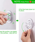 Installation steps for Heavy Duty Suction Cup Hooks Six Pack, Reusable Waterproof Hangers demonstrating easy install method.