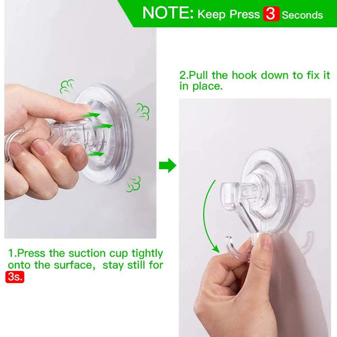 Installation steps for Heavy Duty Suction Cup Hooks Six Pack, Reusable Waterproof Hangers demonstrating easy install method.