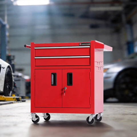 Heavy Duty Steel Tool Cart On Wheels, Red Rolling Tool Chest With Lockable Double-Door Cabinet And Two Drawers in workshop