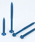 One Quarter Inch By Six Inch Heavy Duty Concrete Screw Anchor Set With Blue Ruspert Coating For Masonry Brick Block Cement Or Stucco Flat Head Screws With High And Low Threads And Wide Serrated Threads 30 Piece