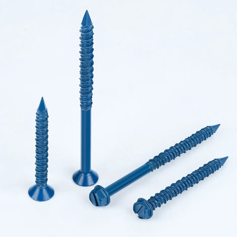 One Quarter Inch By Six Inch Heavy Duty Concrete Screw Anchor Set With Blue Ruspert Coating For Masonry Brick Block Cement Or Stucco Flat Head Screws With High And Low Threads And Wide Serrated Threads 30 Piece