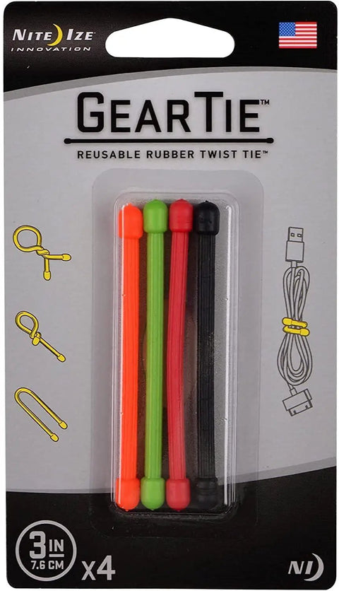 Packaging of Two Pack Gear Tie Reusable 3 Inch Rubber Twist Ties With Assorted Colors for garage, boat, home use, waterproof.