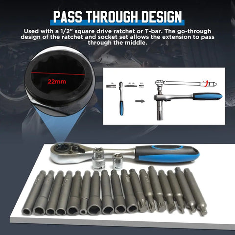 Heavy Duty 47 Piece Shock Absorber Socket Wrench Set With Pass Through Sockets And Nut Removal Tool displayed with ratchet.