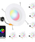Smart WiFi LED Recessed Downlight 6 Pack Five To Six Inch RGBW Color Changing Tunable White Can Light With Baffle Trim 1100 Lumen 15W Equal 100W Works With Alexa And Google Assistant