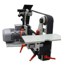 Heavy Duty 2X72 Bench Belt Grinder With Variable Speed Knobs And Rock Solid Welded Steel Frame showing motor and adjustable platform.