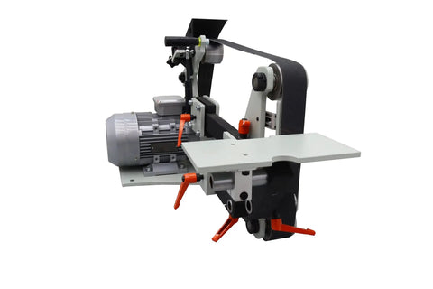 Heavy Duty 2X72 Bench Belt Grinder With Variable Speed Knobs And Rock Solid Welded Steel Frame showing motor and adjustable platform.