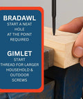 Heavy Duty Wedge Bradawl And Gimlet Set Featuring Killer Contoured Grips For Real Deal Craftsmen showing bradawl and gimlet on wood.