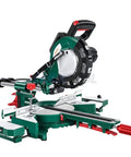 Rock Solid Sliding Miter Saw With Smooth Push Pull Glide And Laser Track On Built Tough Aluminum Base for accurate cuts.