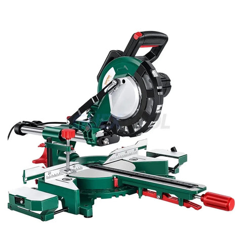 Rock Solid Sliding Miter Saw With Smooth Push Pull Glide And Laser Track On Built Tough Aluminum Base for accurate cuts.