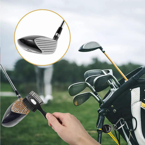 Two Pack Golf Club Brush With Magnetic Keychain And Oversized Cleaning Head being used on a golf club head in a golf bag