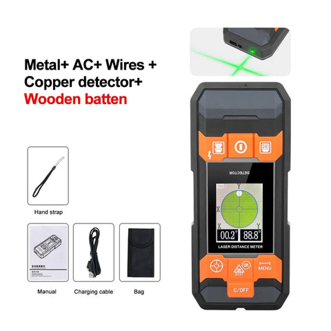 Hella Accurate Wall Scanner With Green Line Laser And LCD Display showing LCD screen and features for detecting studs metals wires