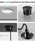 Top Shelf Three Inch Flush Mount Desktop Power Grommet With Two AC Outlets And Four Usb Ports Featuring PD 20W Fast Charge Plus A Six Foot Cord, showing installation features and cord access.