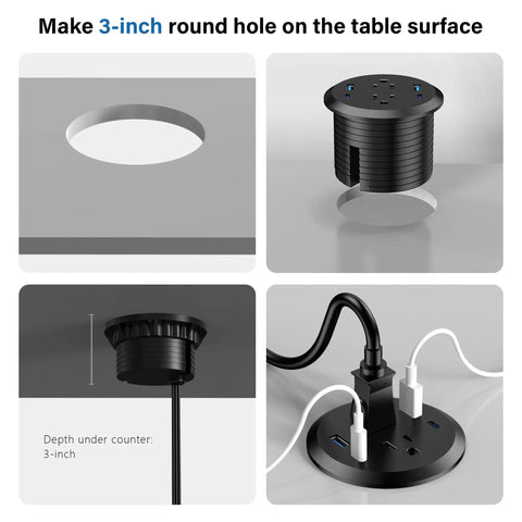 Top Shelf Three Inch Flush Mount Desktop Power Grommet With Two AC Outlets And Four Usb Ports Featuring PD 20W Fast Charge Plus A Six Foot Cord, showing installation features and cord access.