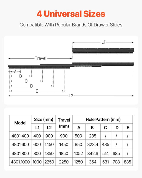 Size chart for Undermount Heavy Duty Drawer Slides Full Extension Ball Bearing 260 Lb Load Capacity 16 24 32 40 Inch Track Rails