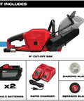 Compatible With Milwaukee M18 Fuel 18V 9 Inch Cut Off Saw with diamond blade, batteries, and rapid charger included.