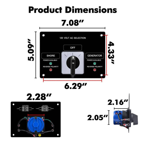 AC Rotary Selector Switch Panel for Boats and Yachts 120V 30A Marine Shore Power Transfer Switch dimensions diagram