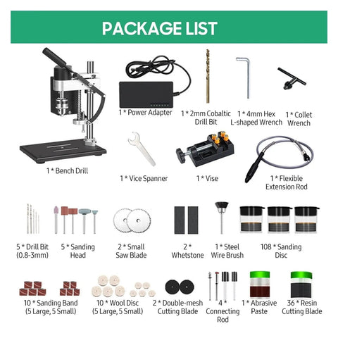 Compact Mag Drill Press Stand Kit Features 7 Gear Variable Speed Bench Top Drilling Machine with included tools and accessories.