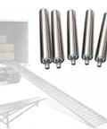 Heavy Duty Pack Of 5 Conveyor Rollers Made From Durable Stainless Steel For Industrial Use, Spring Press In Mount With Loaded Bearings For Super Easy Assembly And Fast Transmission Replacement, Dia 2 Inch By Length 19.7 Inches, showcased with loading ramp.