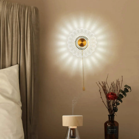 Battery Powered Sunflower Wall Sconce With Vintage Pull Chain 8 Inch Decorative Light In Bedroom Setting