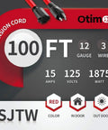 Red 100 Ft Outdoor Extension Cord 12/3 SJTW, 2-Pack Heavy Duty with specs showing 100 ft, 12-gauge, 3-wire, 15A, 1875W.