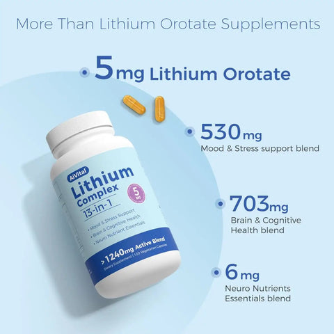 Lithium Orotate 5mg 13 In 1 Daily Balance Supplement With Magnesium Glycinate L Theanine And DHA For Focus Clarity Calm Energy Vegan Gluten Free Non GMO 120 Capsules bottle and capsules
