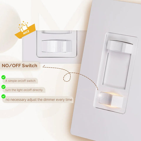 No Neutral Dimmer Switch For 3-Way And Single Pole, 600W For Incandescent/Halogen, 300W Dimmable LED CFL, White, ETL Listed, 120V, Not Compatible With Smart Lighting Fixtures, white wall plate