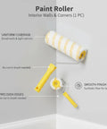 Premium Paint Roller Featuring Dual Yellow Strip Guide For Consistent Latex Flow Zero Streaks Killer Coverage Easy Peasy Application Heavy Duty Synthetic Fibers Buttery Smooth Wall Finish Every Project on a wall corner