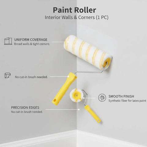 Premium Paint Roller Featuring Dual Yellow Strip Guide For Consistent Latex Flow Zero Streaks Killer Coverage Easy Peasy Application Heavy Duty Synthetic Fibers Buttery Smooth Wall Finish Every Project on a wall corner