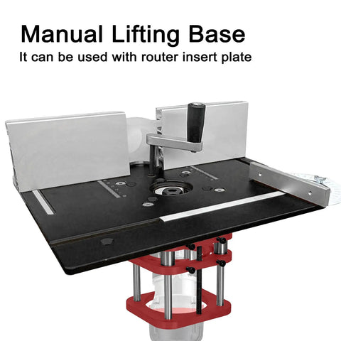 Rock Solid 4 Jaw Clamping Router Table Lifting System With Manual Lift, Fits Router Motors 64-66mm, 51mm Stroke, Universal Base For Small Trimming Machines And Woodworking Tables. Manual lifting base with black router table insert plate and red aluminum clamp.